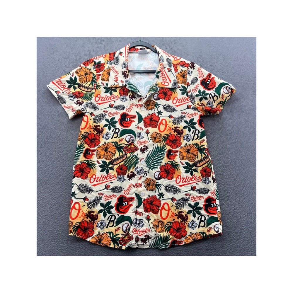 Baltimore Orioles Shirt Mens Medium MLB Tropical Floral Button Up Cream Orange